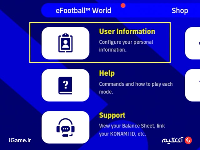 گزینه user information در ای فوتبال